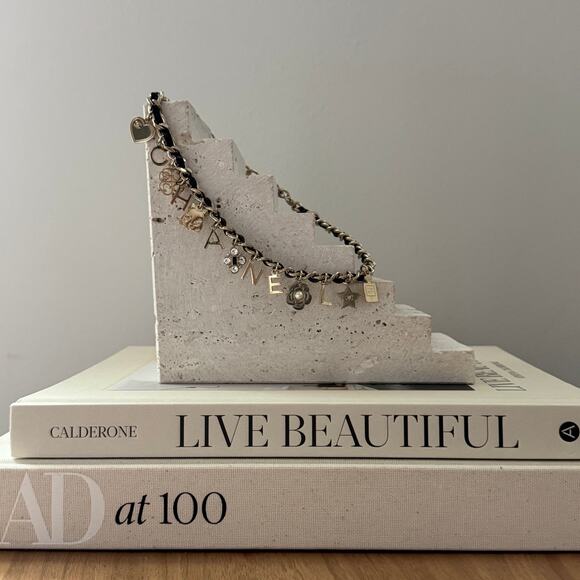 CHANEL Gold Chainlink Black Leather Embellished Camellia Charm CC Logo Necklace - Picture 2 of 9